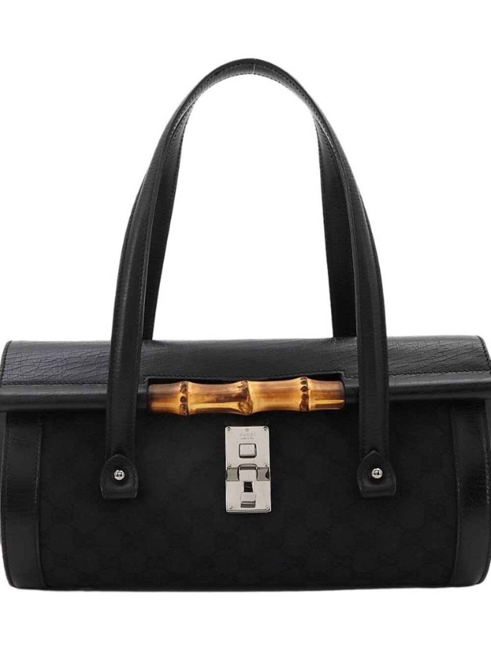Gucci Banboo Hand Bag GG Canvas Leather Black Silver